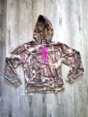 VTG Browning Woman's (m) Green/Brown Camo Long Sleeve Hoodie, Hooded Sweater